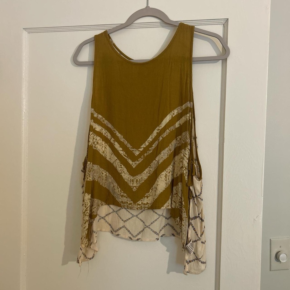 Free People Asymmetrical Ruffled Brown and Green Tank Top